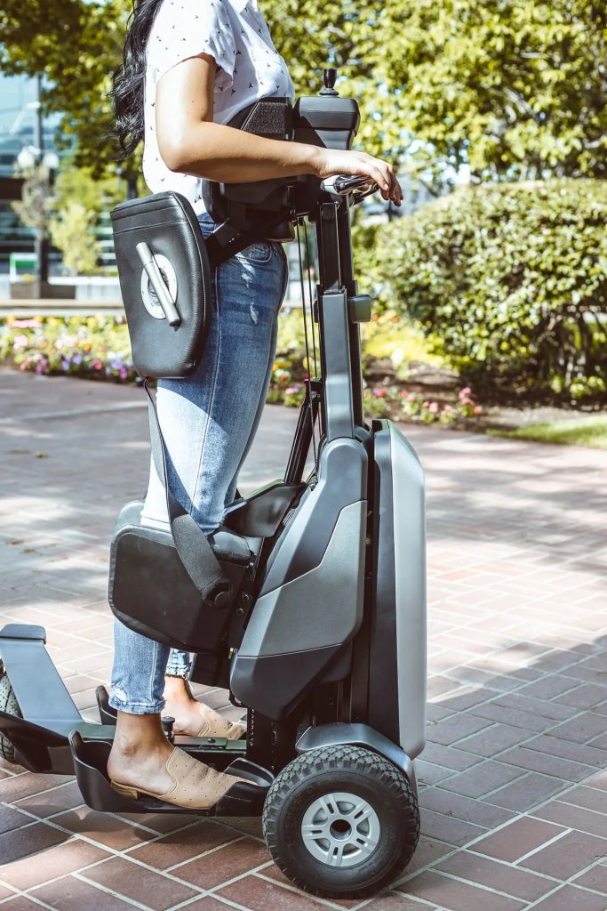 Matia Mobility M1 Outdoor Kit shown ready for outdoor use with the standing mobility device